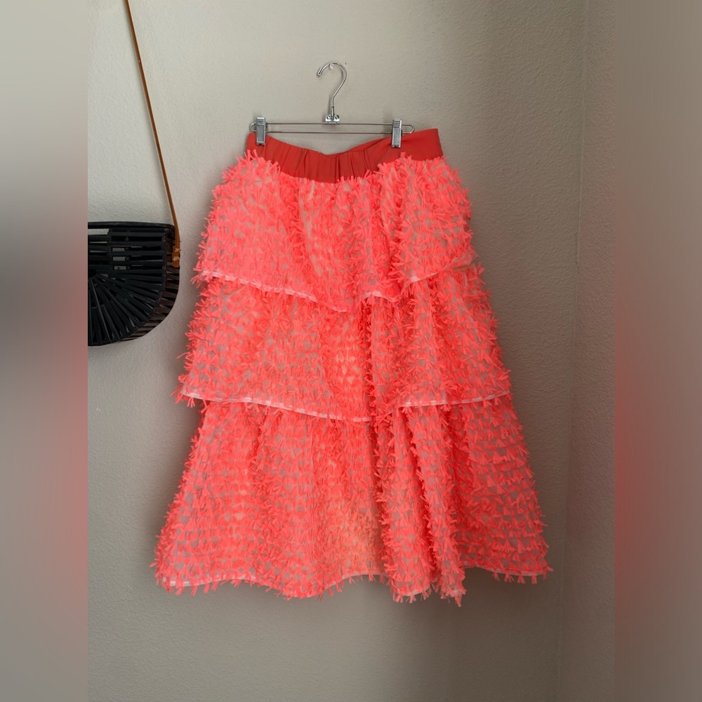 Crosby by Mollie Burch Highlighter Pink Bow Tiered Midi Skirt, Size Medium